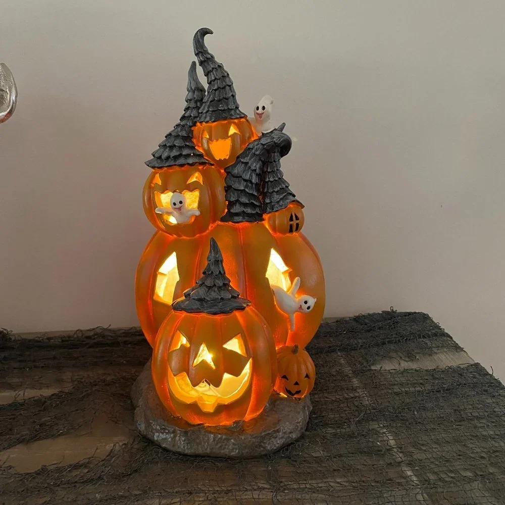 Halloween LED Lighted Pumpkin House Hangry Jack O Lantern Witch Hat Figure Ghost